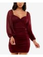 B DARLIN Womens Burgundy Ruched Twist Front Cut Out Tie Back Long Sleeve V Neck Short Party Body Con Dress For Cheap