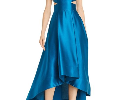 AIDAN MATTOX Womens Blue Ruffled Sleeveless Crew Neck Maxi Evening Hi-Lo Dress on Sale