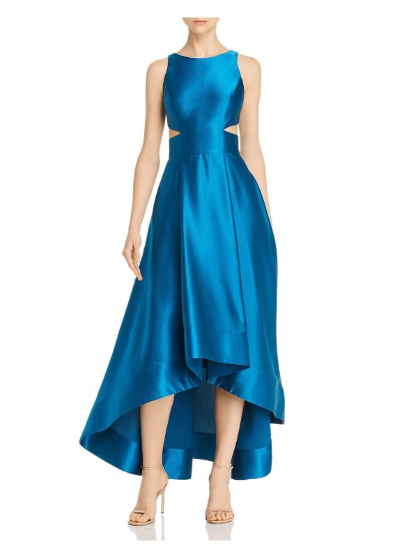 AIDAN MATTOX Womens Blue Ruffled Sleeveless Crew Neck Maxi Evening Hi-Lo Dress on Sale