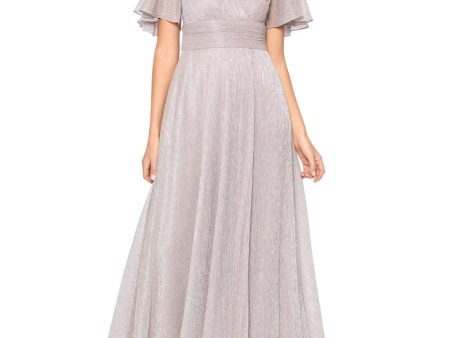 BETSY & ADAM Womens Beige Metallic Zippered Lined Slitted Flutter Sleeve Surplice Neckline Full-Length Evening Gown Dress on Sale