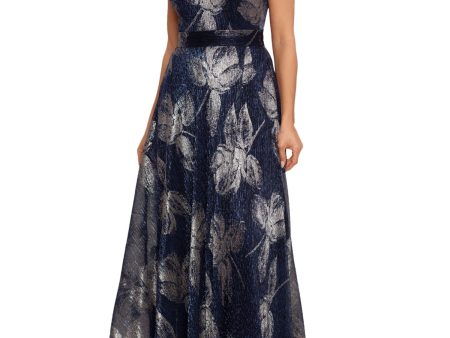 BETSY & ADAM Womens Blue Zippered Metallic Slitted Lined Cinched Waist Floral Sleeveless Halter Full-Length Party Gown Dress For Sale