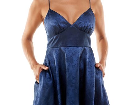 B DARLIN Womens Navy Zippered Pocketed Lined Spaghetti Strap V Neck Short Party Fit + Flare Dress Hot on Sale