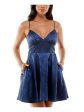 B DARLIN Womens Navy Zippered Pocketed Lined Spaghetti Strap V Neck Short Party Fit + Flare Dress Hot on Sale