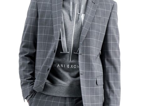 ARMANI Mens Gray Single Breasted, Windowpane Plaid Stretch Blazer Jacket on Sale