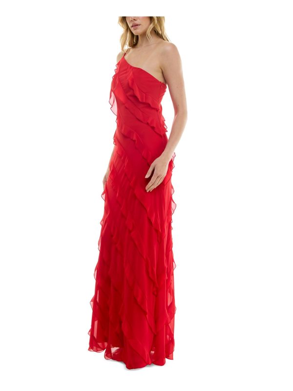 B DARLIN Womens Red Zippered Lined Asymmetric Tiered Ruffles Sleeveless Asymmetrical Neckline Full-Length Party Gown Dress Online Sale