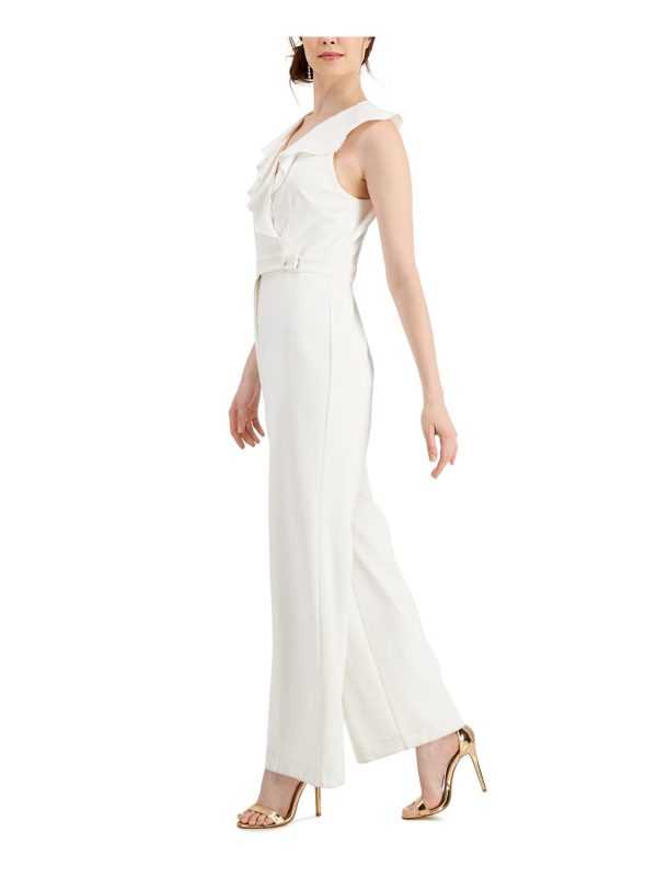 ADRIANNA PAPELL Womens White Stretch Ruffled Zippered Belted Sleeveless Surplice Neckline Formal Wide Leg Jumpsuit Hot on Sale