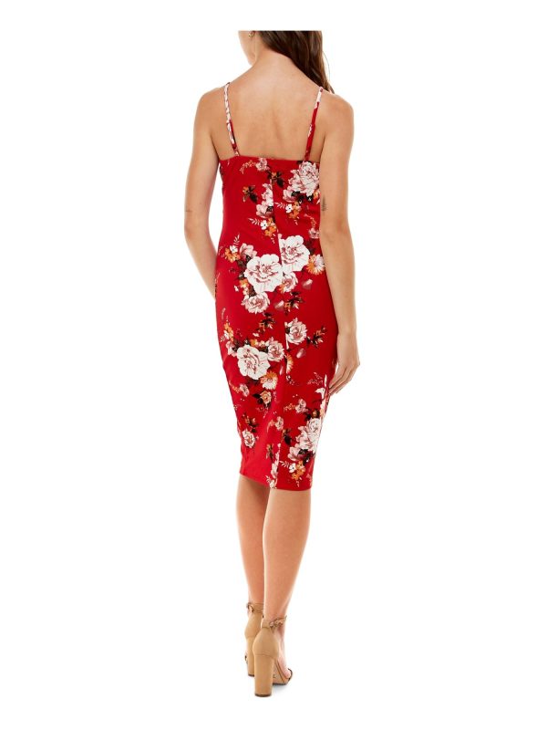 ALMOST FAMOUS Womens Red Stretch Twist Front Jersey-knit Peekaboo-keyhole Floral Spaghetti Strap Sweetheart Neckline Knee Length Party Body Con Dress Online now