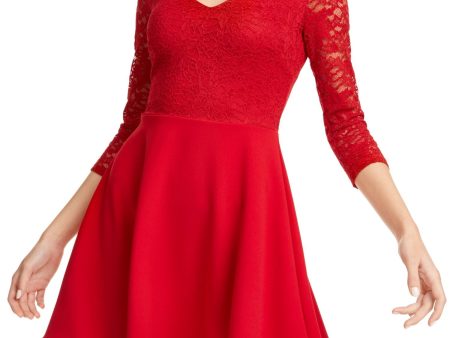 B DARLIN Womens Red Lace 3 4 Sleeve V Neck Short Party Blouson Dress Supply