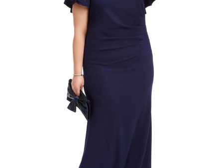 BETSY & ADAM Womens Navy Ruched V-back Scuba Crepe Flutter Sleeve Full-Length Evening Dress Fashion