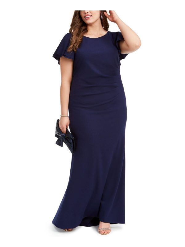 BETSY & ADAM Womens Navy Ruched V-back Scuba Crepe Flutter Sleeve Full-Length Evening Dress Fashion