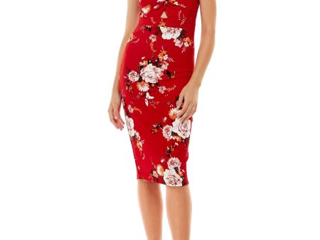 ALMOST FAMOUS Womens Red Stretch Twist Front Jersey-knit Peekaboo-keyhole Floral Spaghetti Strap Sweetheart Neckline Knee Length Party Body Con Dress Online now