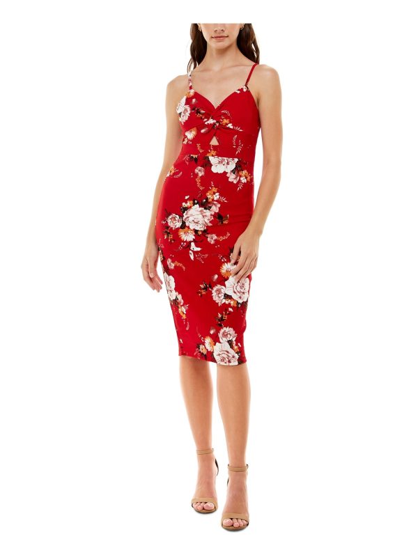 ALMOST FAMOUS Womens Red Stretch Twist Front Jersey-knit Peekaboo-keyhole Floral Spaghetti Strap Sweetheart Neckline Knee Length Party Body Con Dress Online now