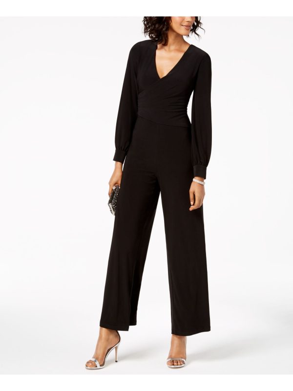 ADRIANNA PAPELL Womens Black Zippered Long Sleeve V Neck Evening Wide Leg Jumpsuit Online Hot Sale