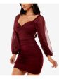 B DARLIN Womens Burgundy Ruched Twist Front Cut Out Tie Back Long Sleeve V Neck Short Party Body Con Dress Fashion