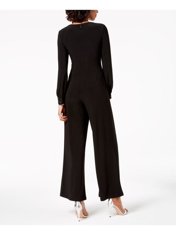 ADRIANNA PAPELL Womens Black Zippered Long Sleeve V Neck Evening Wide Leg Jumpsuit Online Hot Sale