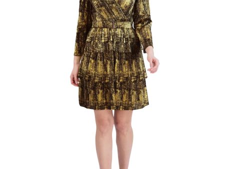 BCBGENERATION Womens Gold Zippered Lined Belted Textured Tiered Printed 3 4 Sleeve Surplice Neckline Above The Knee Evening Fit + Flare Dress Online