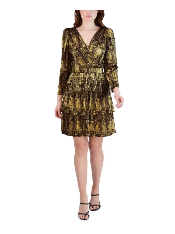 BCBGENERATION Womens Gold Zippered Lined Belted Textured Tiered Printed 3 4 Sleeve Surplice Neckline Above The Knee Evening Fit + Flare Dress Online