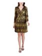 BCBGENERATION Womens Gold Zippered Lined Belted Textured Tiered Printed 3 4 Sleeve Surplice Neckline Above The Knee Evening Fit + Flare Dress Online