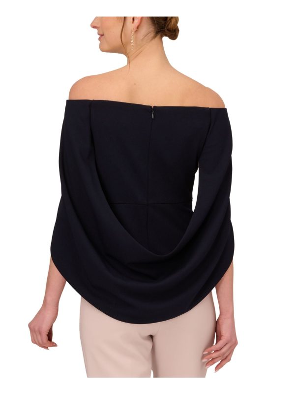 ADRIANNA PAPELL Womens Navy Zippered Cape Sleeve Off Shoulder Evening Top Online Sale