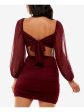 B DARLIN Womens Burgundy Ruched Twist Front Cut Out Tie Back Long Sleeve V Neck Short Party Body Con Dress For Cheap