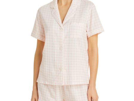 AQUA Pink Elastic Band Mini Grid Short Sleeve V Neck Everyday Pajamas For Sale