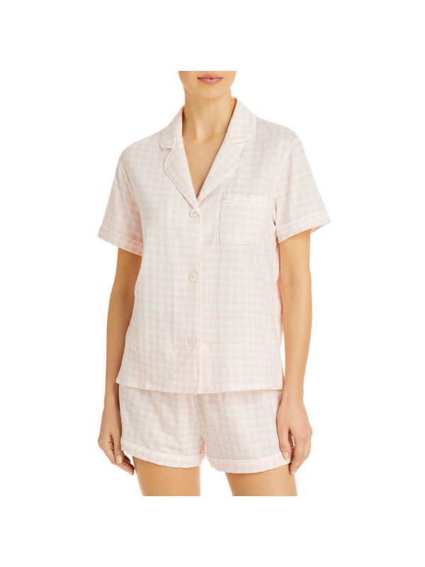 AQUA Pink Elastic Band Mini Grid Short Sleeve V Neck Everyday Pajamas For Sale