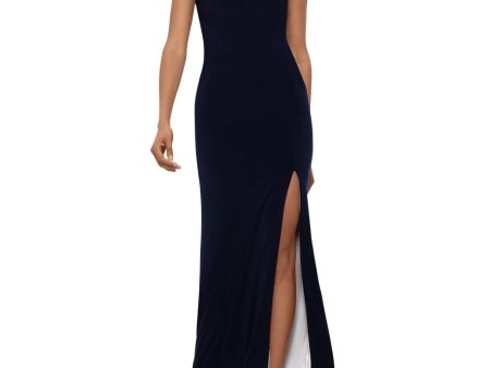 XSCAPE Womens Stretch Slitted Sleeveless Asymmetrical Neckline Full-Length Formal Gown Dress For Discount