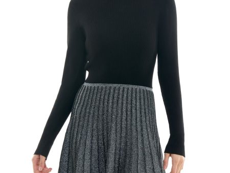 BCX DRESS Womens Black Knit Metallic Ribbed Pleat Skirt Pullover Color Block Long Sleeve Mock Neck Short Party Fit + Flare Dress Hot on Sale