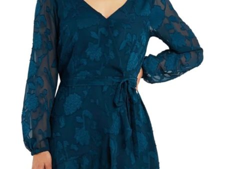 BCX DRESS Womens Teal Lined Belted Ruffled Floral Blouson Sleeve Surplice Neckline Short Faux Wrap Dress on Sale