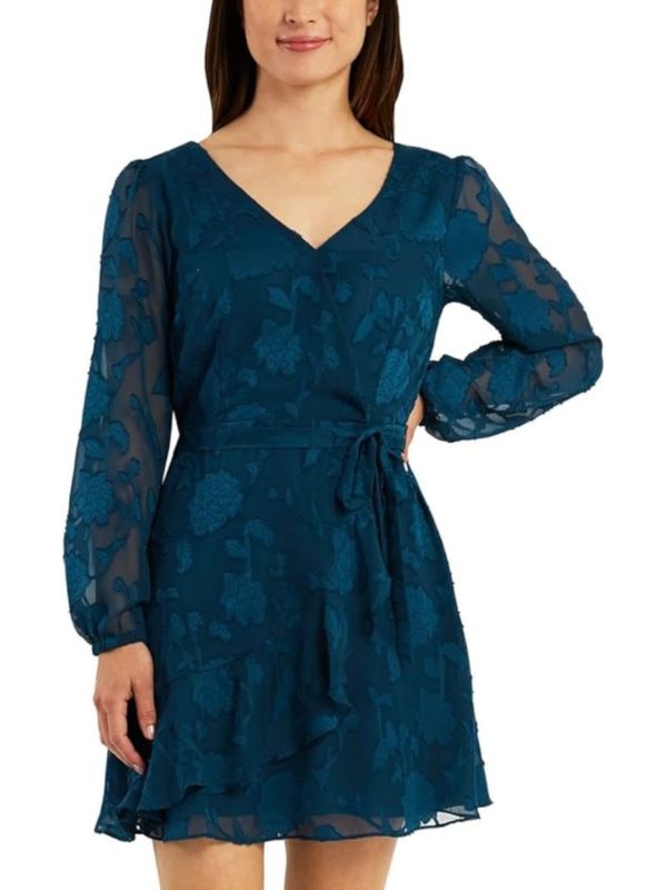 BCX DRESS Womens Teal Lined Belted Ruffled Floral Blouson Sleeve Surplice Neckline Short Faux Wrap Dress on Sale