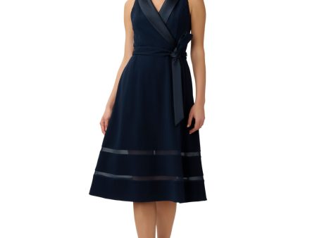 ADRIANNA PAPELL Womens Navy Zippered Pocketed Shawl Collar Mesh Trim Skirt Sleeveless Surplice Neckline Midi Party Fit + Flare Dress Online Sale