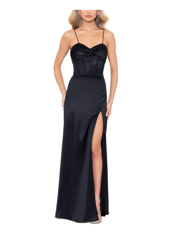 BLONDIE NITES Womens Black Pleated Zippered Boning Padded Open Lace Up Back Spaghetti Strap Sweetheart Neckline Full-Length Formal A-Line Dress For Discount