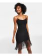 B DARLIN Womens Black Lined Asymmetrical Fringed Hem Spaghetti Strap Scoop Neck Above The Knee Party Body Con Dress Online Hot Sale