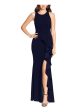 BETSY & ADAM Womens Navy Zippered Lined Cascading Ruffle High-slit Sleeveless Scoop Neck Full-Length Formal Gown Dress Hot on Sale