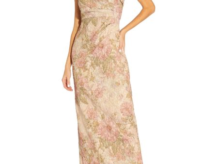 ADRIANNA PAPELL Womens Pink Pleated Zippered Slit Back Hem Lined Floral Short Sleeve Off Shoulder Full-Length Evening Sheath Dress Online Hot Sale