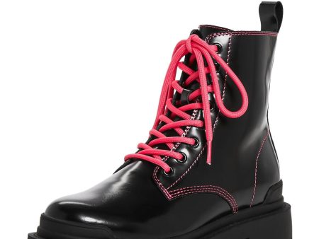 AQUA Womens Black Pull Tab Lug Sole Lace Quinn Round Toe Block Heel Lace-Up Leather Combat Boots M Discount