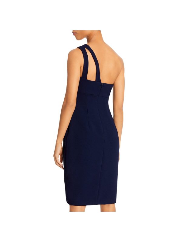 AQUA Womens Navy Textured Zippered Crepe Keyhole Slitted Sleeveless Asymmetrical Neckline Above The Knee Cocktail Sheath Dress For Sale