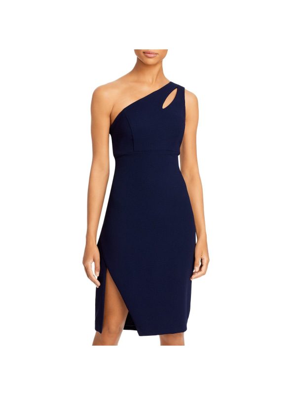 AQUA Womens Navy Textured Zippered Crepe Keyhole Slitted Sleeveless Asymmetrical Neckline Above The Knee Cocktail Sheath Dress For Sale