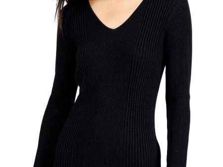 ALFANI Womens Black Ribbed Glitter Long Sleeve V Neck Sweater For Discount