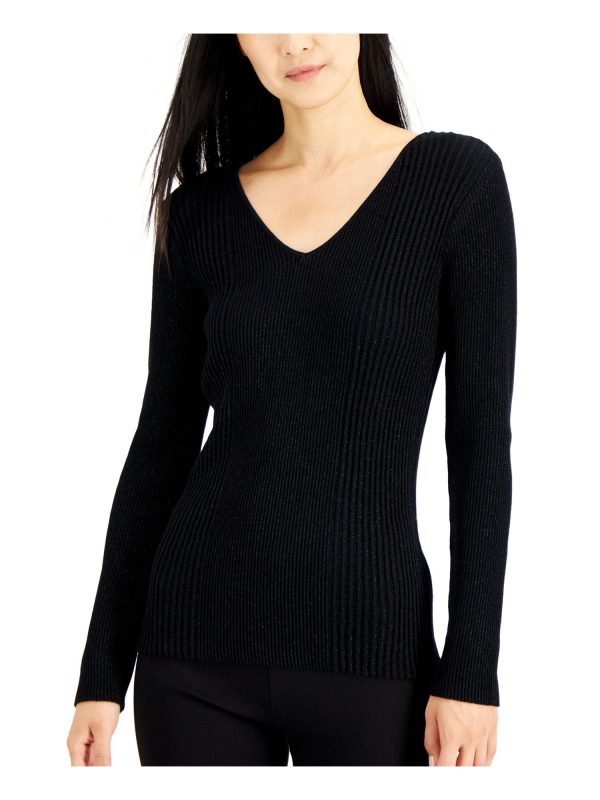 ALFANI Womens Black Ribbed Glitter Long Sleeve V Neck Sweater For Discount