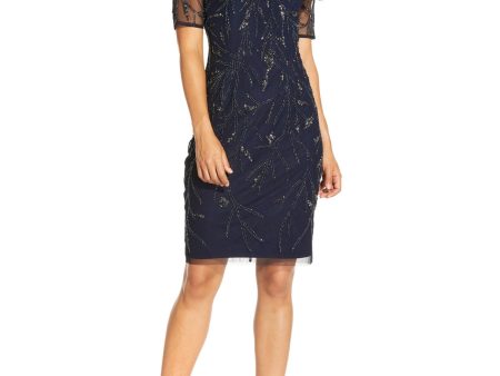 ADRIANNA PAPELL Womens Navy Beaded Sequined Lined Zippered Illusion Short Sleeve Boat Neck Above The Knee Cocktail Sheath Dress Sale