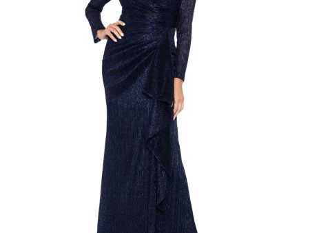 BETSY & ADAM Womens Navy Zippered Pleated Cascade Ruffle Front Lined Long Sleeve Surplice Neckline Full-Length Evening Faux Wrap Dress Online