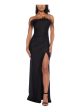 B DARLIN Womens Black Ruched Zippered Feather Trim High-slit Lined Sleeveless Strapless Full-Length Formal Gown Dress Discount