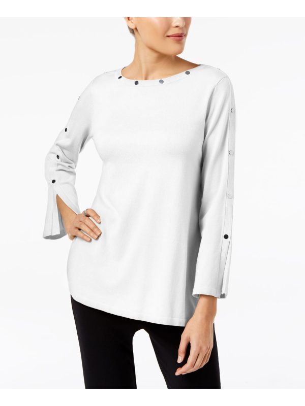 ALFANI Womens White Embellished Long Sleeve Jewel Neck Top Sale