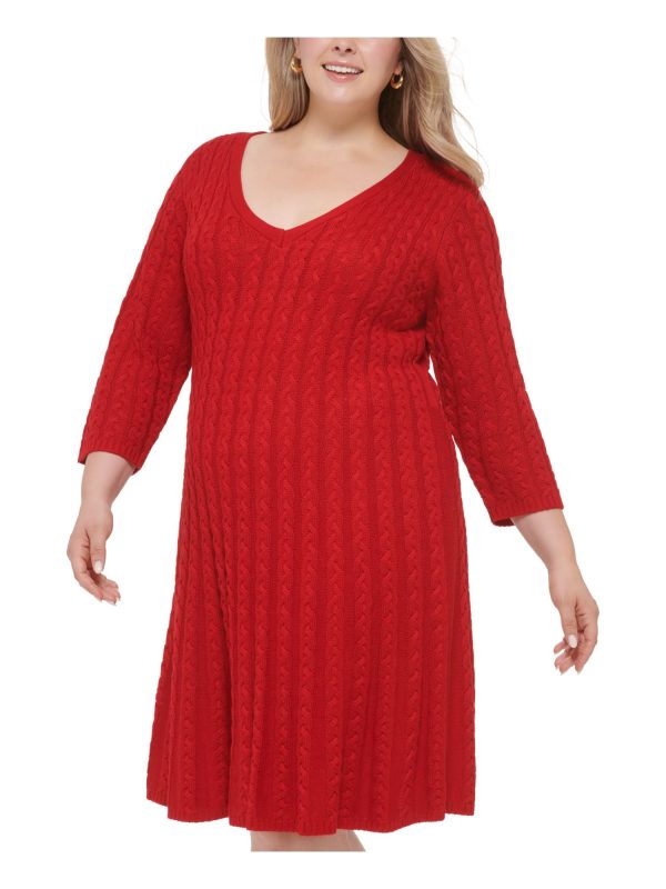 JESSICA HOWARD Womens Red 3 4 Sleeve V Neck Knee Length Wear To Work Sweater Dress Online