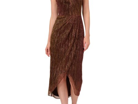 ADRIANNA PAPELL Womens Brown Metallic Zippered Crinkle-pleated Lined Keyhole Pinstripe Sleeveless Halter Tea-Length Evening Sheath Dress Hot on Sale