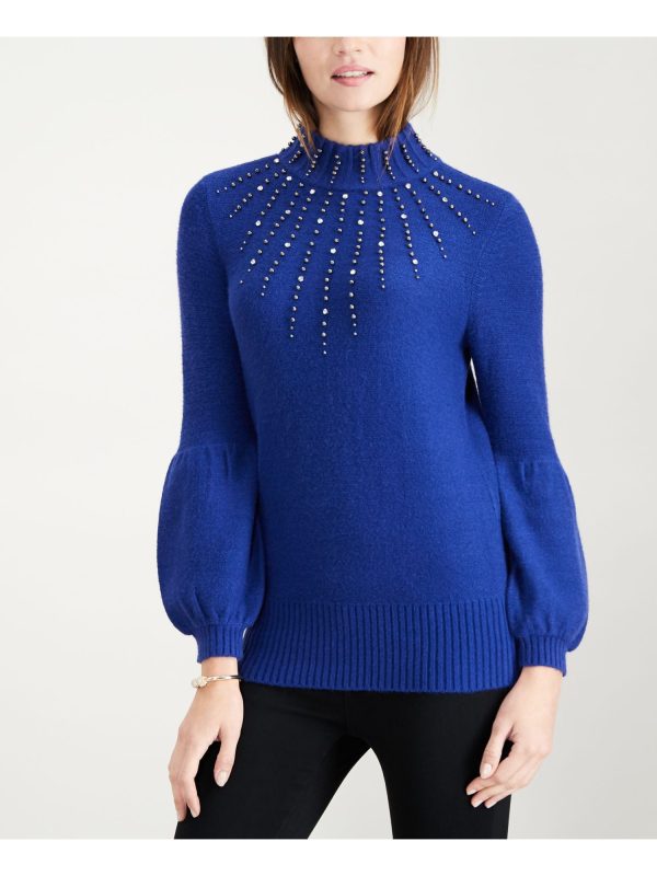 ALFANI Womens Blue Studded Long Sleeve Turtle Neck Sweater on Sale