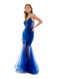 B DARLIN Womens Blue Zippered Lined Lace-up Back Mesh Flare Hem Sleeveless V Neck Full-Length Prom Gown Dress Sale