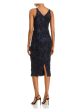 AQUA Womens Navy Sequined Lace Sleeveless V Neck Midi Evening Body Con Dress Supply