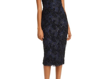 AQUA Womens Navy Sequined Lace Sleeveless V Neck Midi Evening Body Con Dress Supply